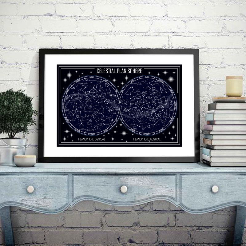Star Map Poster - Celestial Planisphere แผนที่ผ้าใบพิมพ์โปสเตอร์เรขาคณิต Minimalist Constellation Wall